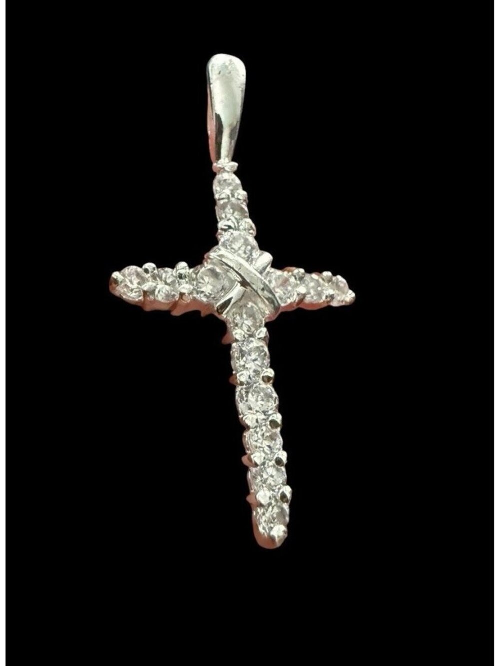 925 Sterling Silver Pave C Z Clear Stones Cross Pendant 1”